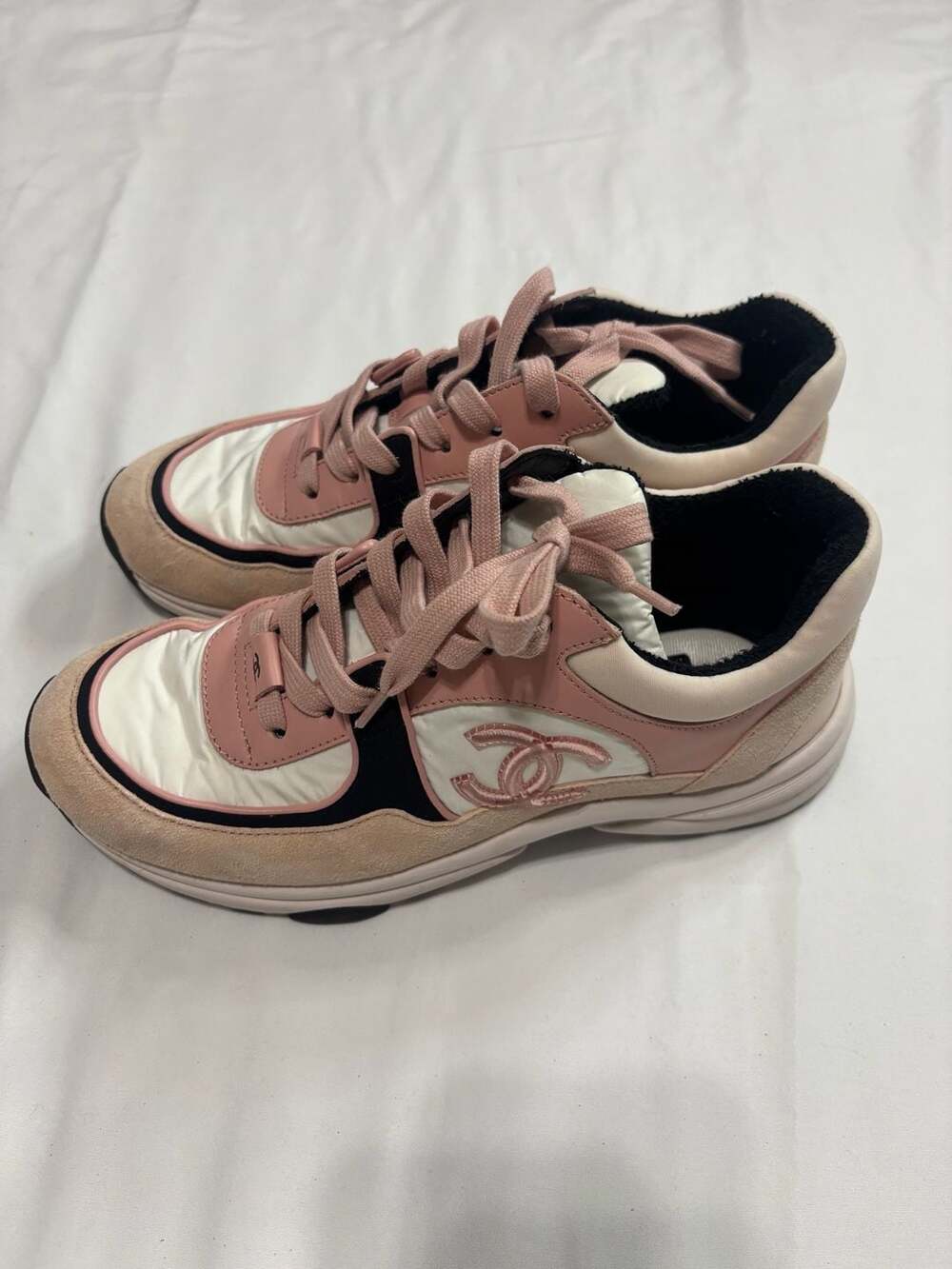Chanel Interlocking CC Logo Nylon and Suede Athletic Sneakers Pink and White